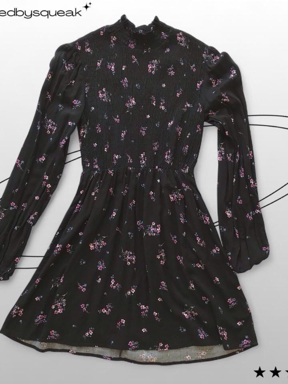 Wild Fable Black Floral Long Sleeve Mini Dress Medium Boho Cottagecore